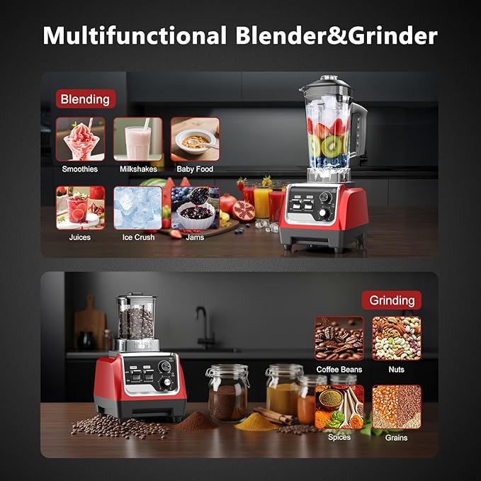 1800W Smoothie Blender and Grinder Combo 70OZ Large Capacity Countertop Blenders for Kitchen High Speed Blender for Smoothies Ice Crushing Frozen Drinks Puree (Dark Red)