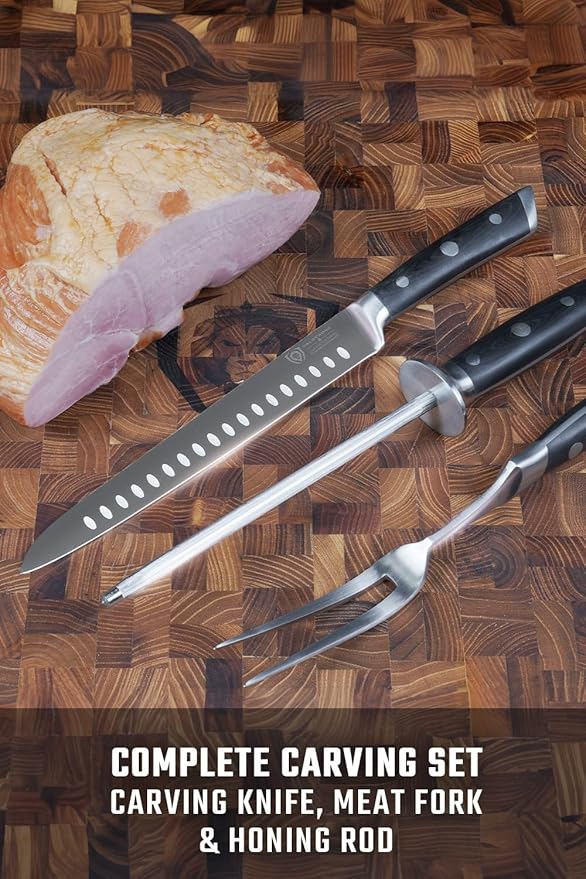 Dalstrong Carving Knife & Meat Fork Set - Gladiator Series Elite - 8" Honing Rod - Forged HC German Steel - 9 inch Carving Knife & Sheath - Hollow Ground Carving Set - Matching Fork - NSF Certified