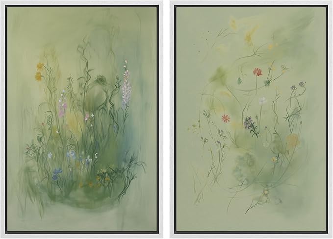 SIGNFORD Framed Canvas Print Wall Art Set Whimsical Green Wildflower Illustration Modern Art Decorative Nordic Nature for Living Room, Bedroom, Office - 24"x36"x2 White
