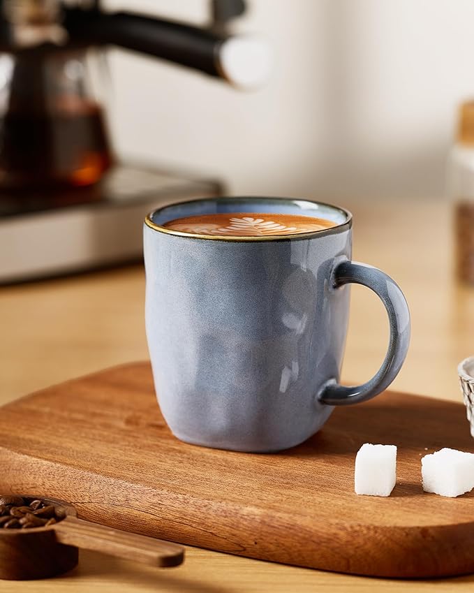 famiware Coffee Mugs Set of 6, Ocean Square 13oz Coffee Cup Set with Handle for Cocoa, Milk, Hot Chocolate, Tea, Water, Stoneware Cups for Kitchen, Microwave and Dishwasher Safe, Blue