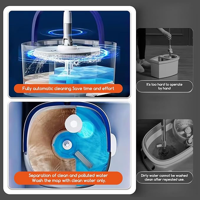 Spin Mop and Electric Bucket System, Unique Automatic Washing and Wring Electric Bucket, Upgrade Spin Mop Bucket with 2 Microfiber Cloths,Suitable for Hardwood Tile Marble Floor-White