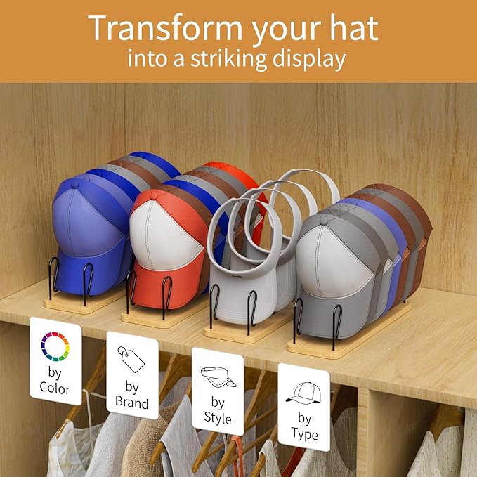 Hat Organizer for Baseball Caps 2 Pack Hat Rack for 14 Baseball Caps Wooden Hat Holder Stand Storage Display Cap Organizer for Closet Shelf