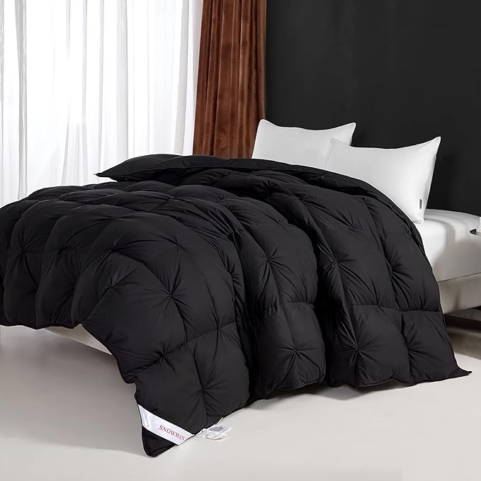SNOWMAN Premium Down Comforter Queen Size, Luxurious All Season Duvet Insert with Cotton Blended Fabric, 37oz Fill Weight Pinch Pleat Design Hotel Bedding Comforter (Black,90"x90")