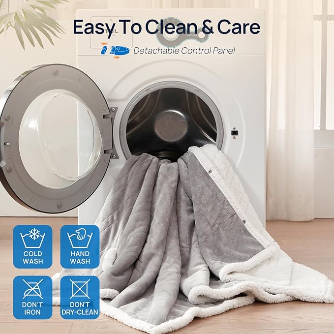 Westinghouse Electric Snuggle Throw Blankets with Foot Pocket, Wearable Heated Blanket with Sleeves, 6 Heating Levels & 2 to 10 Hours Heating Time Settings, 50 * 70"+18", Light Grey