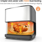 Iceagle Stainless Steel Air Fryer 9 Quart - Airfryer XXL with Large Viewing Window, Dual Heating Elements, 12-in-1 Function to Roast, Bake, Broil, Defrost, Reheat, Dishwasher-Safe Parts, 1700W, Siver