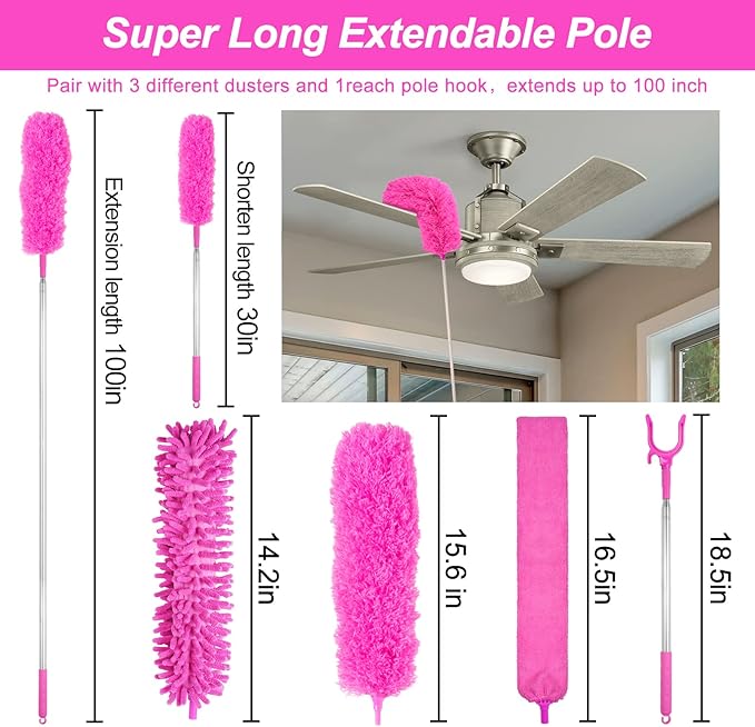 Microfiber Dusters for Cleaning, Feather Dusters with Extension Pole, Bendable & Washable Dusters for High Ceiling Fan, Blinds, Cars, Furniture, Cleaning Tools Kit Pink Gift for Women (15 PCS)