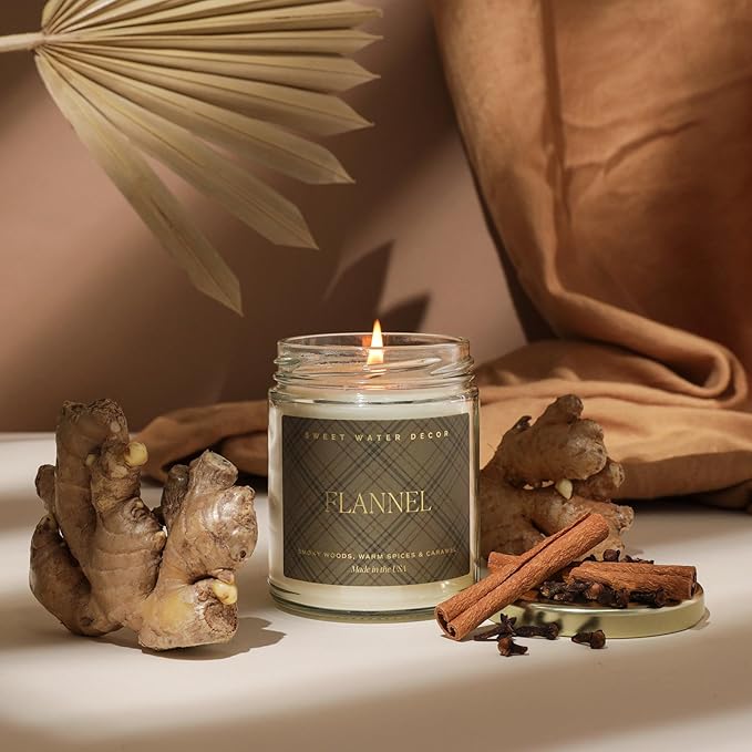 Sweet Water Decor Flannel Soy Candle - Vanilla, Caramel, Amber, Tonka, Smoky Woods, Musk Scented - 9oz Clear Jar with Gold Foil - Autumn Candle for Home - 40+ Hour Burn Time