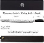 YOUSUNLONG Sakimaru Knife 15 inch(380mm) Ultimate Japanese Damascus Steel Fillet Knives Suitable for cutting tuna and salmon-Natural Ebony Handle With Leather Sheath
