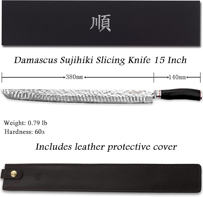 YOUSUNLONG Sakimaru Knife 15 inch(380mm) Ultimate Japanese Damascus Steel Fillet Knives Suitable for cutting tuna and salmon-Natural Ebony Handle With Leather Sheath