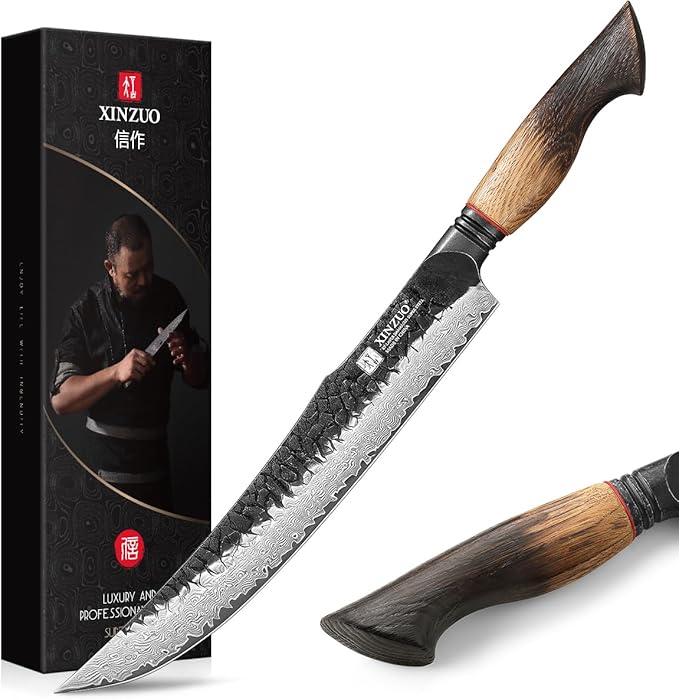 XINZUO 10 Inch Brisket Carving Knife，67-Layer Damascus Steel，Razor Sharp Curved Butcher Breaking Knives For Meat Cutting With White Oak + Red G10 Gasket Handle