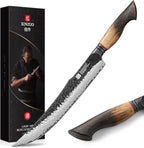 XINZUO 10 Inch Brisket Carving Knife，67-Layer Damascus Steel，Razor Sharp Curved Butcher Breaking Knives For Meat Cutting With White Oak + Red G10 Gasket Handle