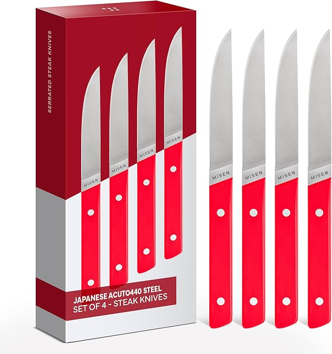 Misen ACUTO Straight-Edge 4-Piece Steak Knife Set - Precision Forged Full Tang Blades, Ergonomic POM Handles, Long-Lasting Sharpness, Easy to Maintain - For Professionals and Home Cooks - Red
