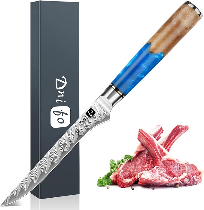 Fillet Knife 6 Inch Damascus Boning Knife for Meat Fish and Poultry Cutting with Super Sharp Japanese Blade with Gift Box and Resin Wood Handle, Ideal Gift for Men and Women