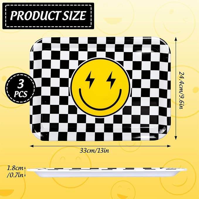 3Pcs One Happy Dude Serving Trays Reusable Smile Face Platter Black White Checkered Serving Dishes for First Birthday Party Sharing Snacks Fruit Dessert Candy, 13 x 10in