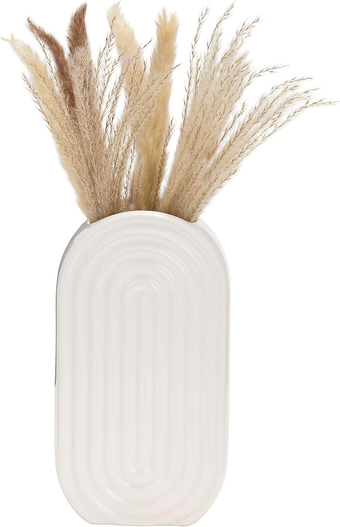 Sagebrook Home Boho Ceramic Vase - Embossed Arch Stoneware Flower Holder, Minimalist Modern Decor for Home, Office & Bedroom - 11" White