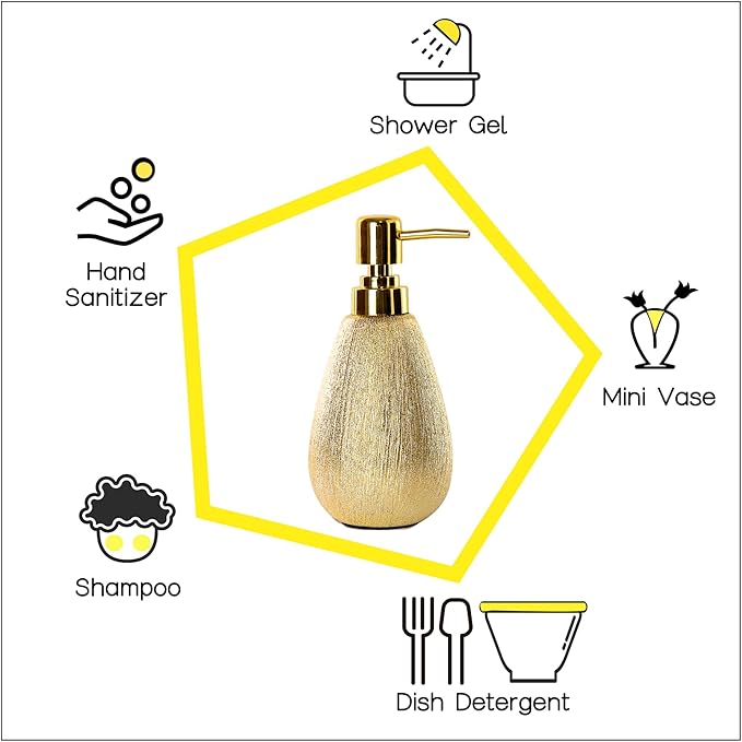 Brushed Gold Ceramic Soap Dispenser 2 Pack, 11 oz Textured Hand or Dish Soap Dispenser with Golden Plastic Pump for Bathroom or Kitchen Countertop