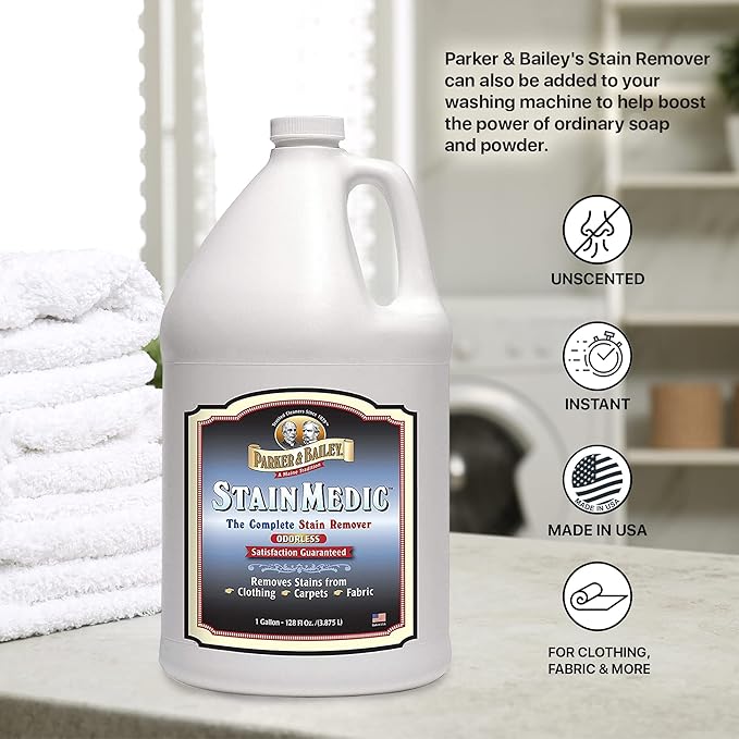 Parker & Bailey Liquid Stain Remover - Instant Stain Removal on Laundry Clothing Fabric Ink Grease Blood Grass Coffee Wine Food Carpet Upholstery Spot Cleaner Odor Free Detergent Booster - Gallon