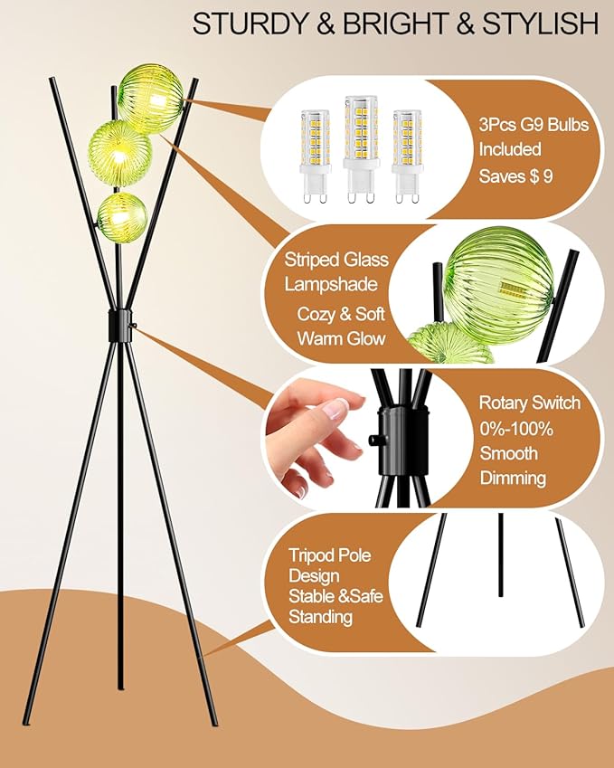 Lightdot 60IN Dimmable Black Tripod Floor Lamp, Mid Century Standing Lamps with 3 Globe Green Glass Lampshade, 3000K Bulbs Included Modern Tall Lamp for Living Room Bedroom