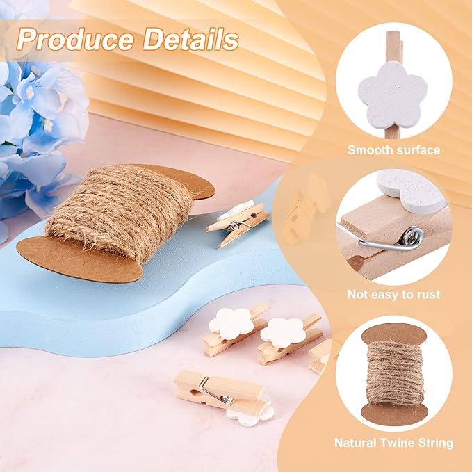 Pandahall 100pcs White Flower Clothespins Wooden Photo Paper Peg Graft Clips Pins with 10.93 Yards Natural Jute Twine for Paper Photo Display Hanging Home Party Decoration