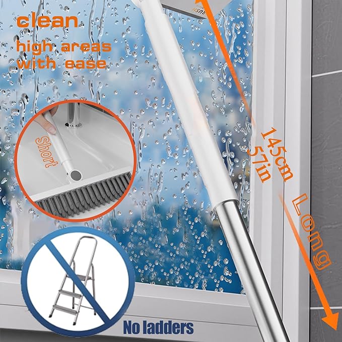 Floor Scrubbing Brush with 57" Adjustable Long Handle,3 in 1 Living Grout Brush with Squeegee,V-Shape Stiff Brush Bristle,Heavy Duty Bathroom Cleaning Brush for Tile,Deck,Patio,Wall,Garage,Kitchen,Blu