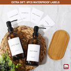 GMISUN Amber Glass Soap Dispenser, 2 Pack Bathroom Hand Soap Dispensers with Bamboo Tray, 17 Fl Oz Kitchen Hand and Dish Soap Dispenser Set, Modern Vintage Liquid Brown Soap Dispensers Bottle