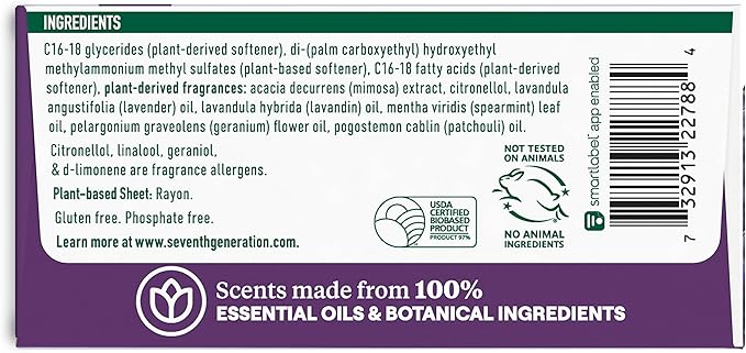 Seventh Generation Dryer Sheets Fabric Softener Fresh Lavender Scent with 100% Essential Oils and Botanical Ingredients 80 Sheets (Pack of 4)