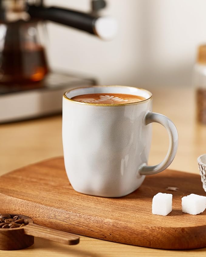 famiware Coffee Mugs Set of 6, Ocean Square 13oz Coffee Cup Set with Handle for Cocoa, Milk, Hot Chocolate, Tea, Water, Stoneware Cups for Kitchen, Microwave and Dishwasher Safe, Cappuccino White