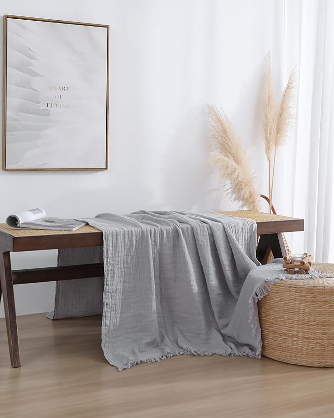 100% Cotton Muslin Throw Blanket for Bed, Couch, Small, Decorative, Soft, Pre-Washed, Breathable and Lightweight Gauze Blanket with Tassels, Suitable for All Seasons, Light Grey, 50"x60"