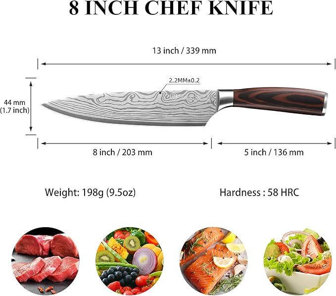 Sunnecko Chef Knife 8 inch,High Carbon Stainless Steel Kitchen Knife,Ultra Sharp Gyutou Cutting Knife with Sheath and Gift Box for Family & Restaurant