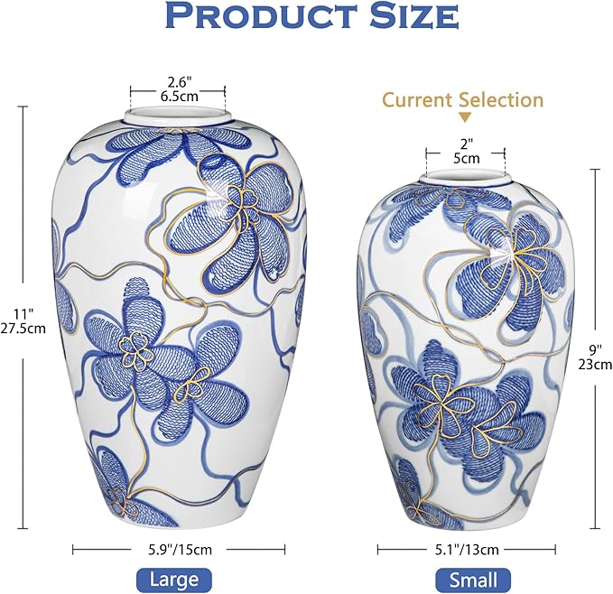 Blue and White Ceramic Vase for Home Decor – Hand-Painted Porcelain Flower Vase with Gold Accents – Chinoiserie-Inspired Home Decor Vases – 9" for Table, Shelf, or Mantel
