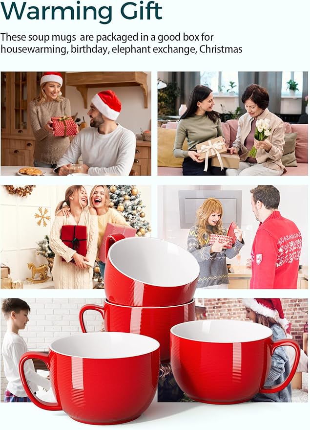 Teocera Red Mugs Set of 4, 24oz Jumbo Mugs, Large Coffee Mugs for Coffee, Hot Cocoa, Tea - Striped Design - Microwave Safe, Christmas Gift