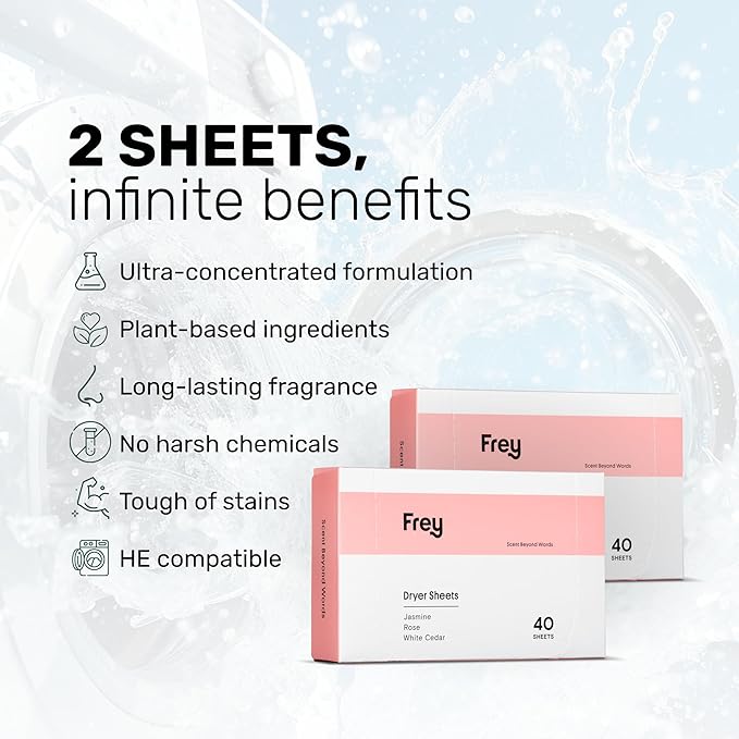 FREY Naturally Scented Dryer Sheets - Fabric Softener for Soft, Fresh & Clean Clothes (2-pack, Jasmine Rose)
