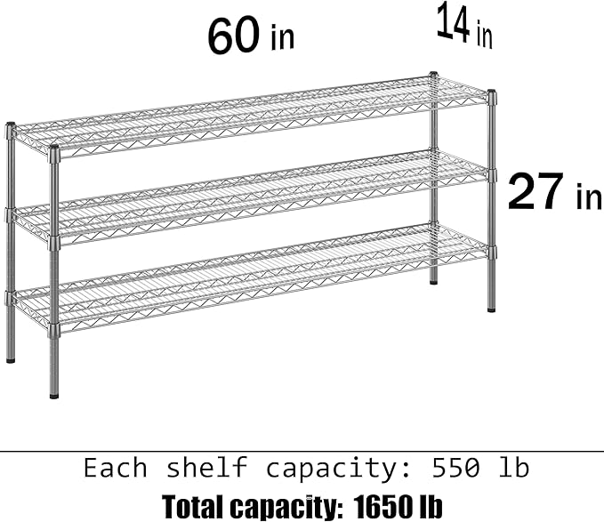 14" Deep x 60" Wide x 27" Height Wire Shelving Kit | 3-Tier | NSF Commercial Storage Rack Unit