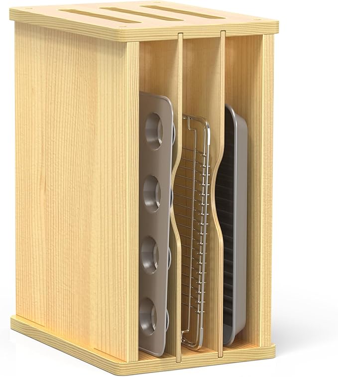 4 Tier Wooden Cabinet Tray Dividers, Kitchen Vertical Baking Sheet Organizer, Storing Pans, Baking Trays, Cutting Board