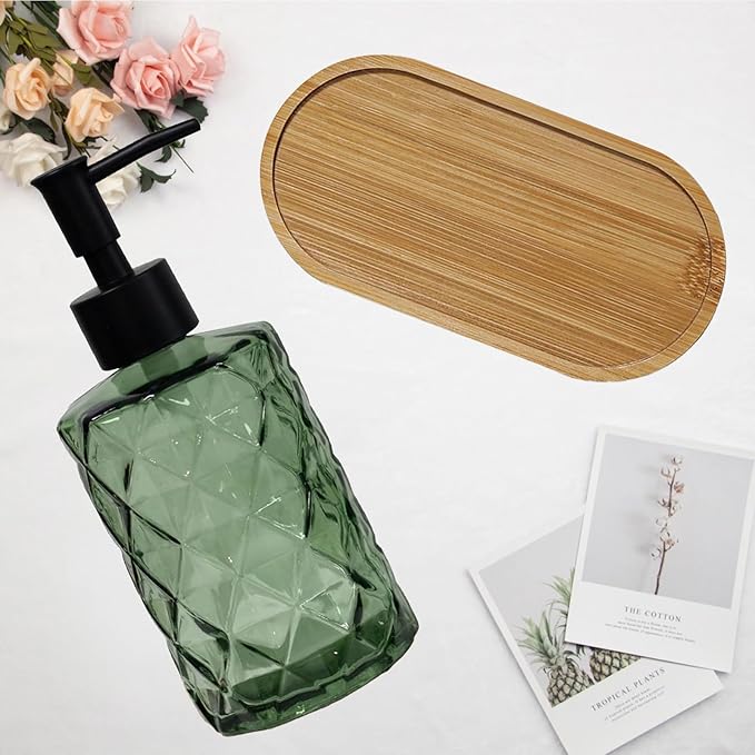 Glass Hand and Dish Soap Dispenser Set of 2 with Plastic Pumps, Bamboo Tray, 12oz Green Bathroom Soap Dispenser with Diamond for Hand Wash & Dish Wash, Ideal for Bathroom Kitchen Countertop