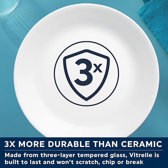 Corelle Vitrelle 4-Pieces 8.5" Glass Salad/Appetizer Plates Chip & Crack Resistant Glass Dinnerware Set Plates, Winter Frost White