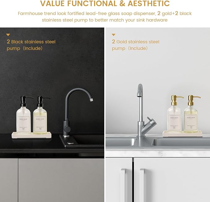 Glass Soap Dispenser for Kitchen Sink,Farmhouse Kitchen Dish Soap Dispenser&Hand Soap Dispenser Set,Rustproof Pump Soap Dispenser Bathroom with Tray,Waterproof Label for Kitchen Decor(Clear