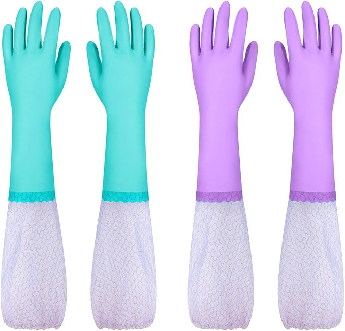 Elgood Reusable Long Sleeve Dishwashing Cleaning Gloves with Latex Free,Cotton Lining,Kitchen Gloves 2 Pairs,Purple+Blue L
