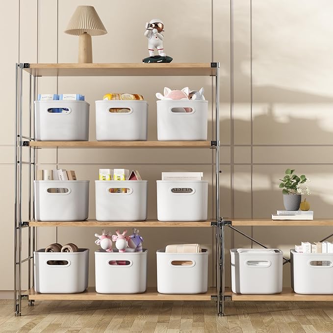 8 Pack White Storage Bins for Shelves, Plastic Storage Containers for Organizing, Stackable Storage Boxes with Handle, Storage Bins White for Classroom, Craft, Snacks, Cabinet, 9.7x6.7x5.7 inch