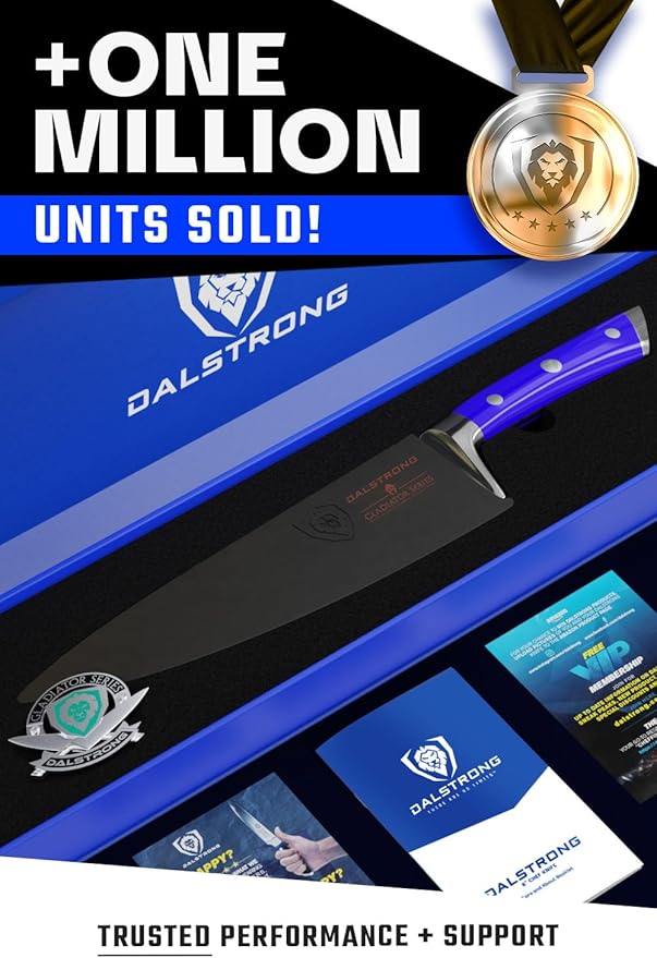 DALSTRONG Chef Knife - 8 inch Blade - Gladiator Series - Forged High Carbon German Steel - Razor Sharp Kitchen Knife - Professional Full Tang Knives - Blue Handle ABS - Sheath - NSF Certified