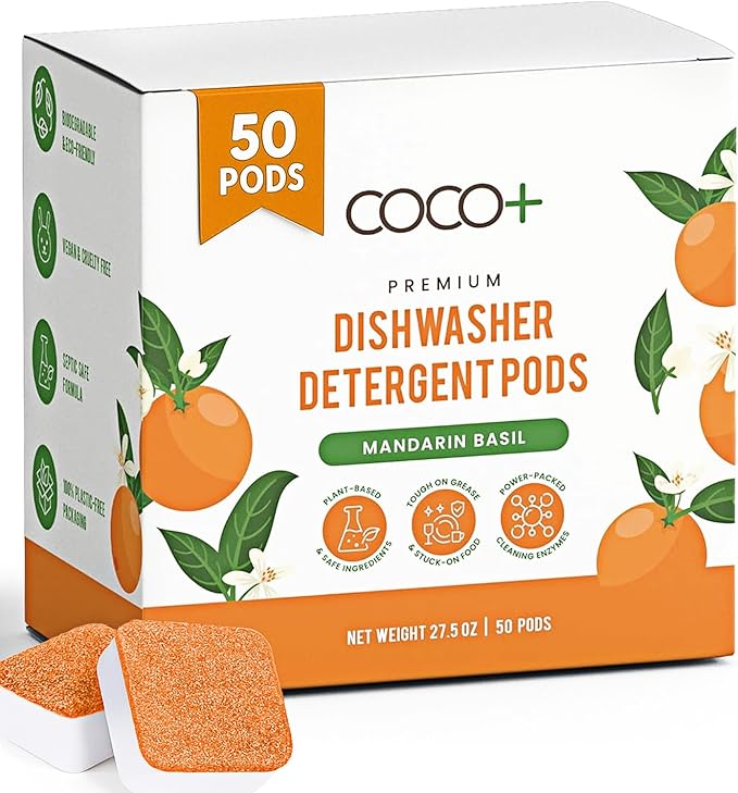 COCO+ Dishwasher Detergent Pods - Nano-Concentrated Enzymes Power with Rinse Aid & Hard Water Protection - Sparkling, Spotless Dishes - 50 Pods (Mandarin Basil)