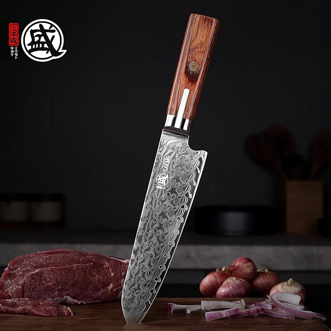 MITSUMOTO SAKARI Santoku Chef Knife 7 inch, S301 Powder Steel Damascus All-Purpose Kitchen Knife (Hand Forged)