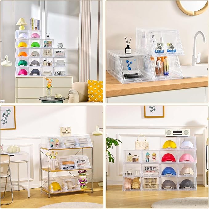2 Pack Hat Organizer for Baseball Caps,Large Clear Cap Organizer with Drawer,Hats Holder Box for Closet with Sliding Tray,Stackable Hat Rack Display Case,Multi-use Hat Case for Caps,Each Holds 12 Hats