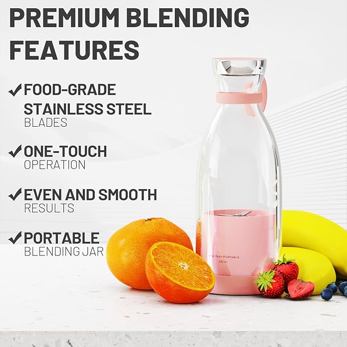 OTPEIR Portable Blender for Shakes and Smoothies with 11.83 Oz Travel Cup and Lid,Durable Stainless Steel Blades for Juice Blending Performance, Pink