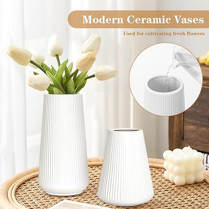 White Ceramic Vase, GUKJOB Small Cute Flower Vase for Pampas Grass, Home, Living Room, Dining Table, Farmhouse, Office Decor, Bedroom, Table, and Kitchen Shelf (White- 2PCS)