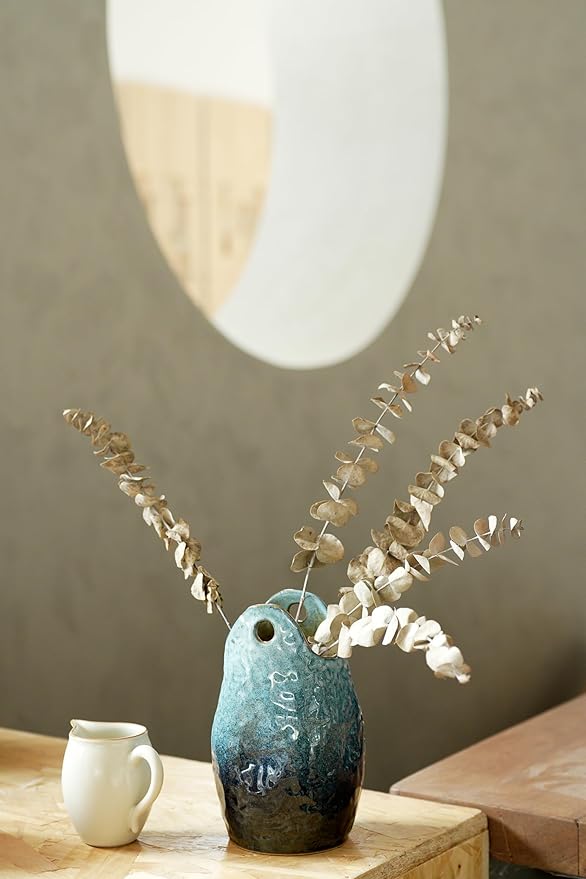 Rustic Pottery Ceramic Vase - Vintage Farmhouse Style Decor, White Grid Ceramic Vases for Home Decor, Modern Farmhouse Decor (Blue)