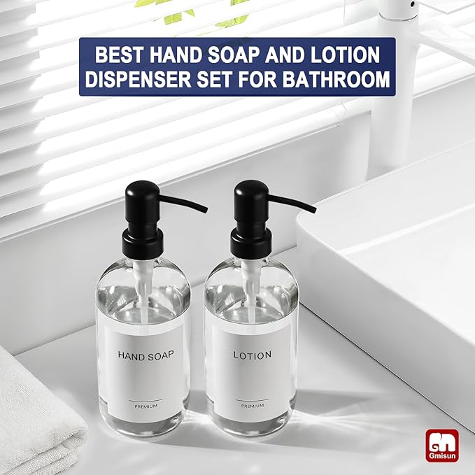 GMISUN Glass Soap Dispenser with Pump, 2 Pack Clear Bathroom Hand Soap Dispenser with Stainless Steel Pump, 16 Oz Refillable Kitchen Hand and Dish Soap Dispensers Set, Modern Liquid Pump Bottles