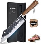 Huusk Meat Cleaver Knife Butcher Knife for Meat Cutting 8.3 inch Japanese Viking Knife Hand Forged Carving Knives for Slicing BBQ Kitchen Cooking with Present Box