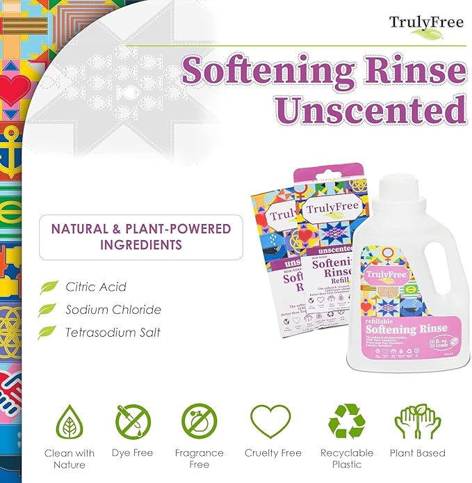 Fabric Softening Conditioner for Clothes| Safe for Babies & Kids with Sensitive Skin | Plant-Based | Includes 4 Refills | Unscented Rinse(200 Loads)