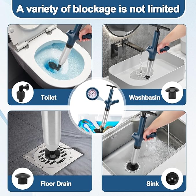 Toilet Plunger Drain Clog Remover, High Pressure Air Drain Remover Tool with Real-Time Barometer, Stainless Steel Clog Toilet Cleaner for Bathroom Kitchen Commercial Floor Sink(Blue)